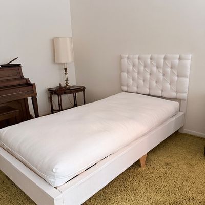Twin Size White Upholstered Button-Tufted Platform Bed
