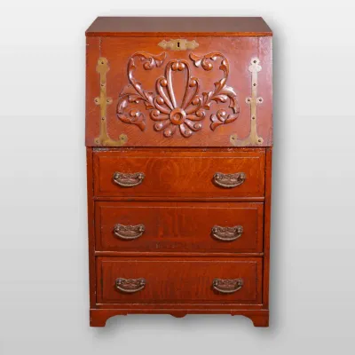 Carved Oak Secretary Desk Drop Front Writing Cabinet Drawers
