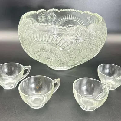 Cut Glass Punch Bowl Set Crystal Serving Bowl Matching Cups
