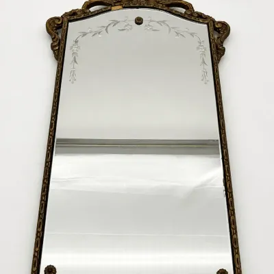 Antique Etched Glass Wall Mirror Ornate Wood Frame 24 Inch