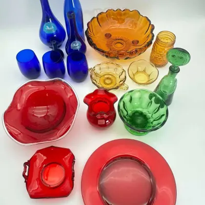 14-Piece Vintage & Decorative Glass Lot - Cobalt Blue, Ruby Red, Amber & Emerald