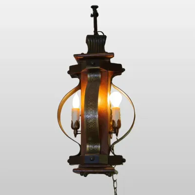 Wood and Brass Hanging Light Fixture Spanish Revival Chandelier Lamp