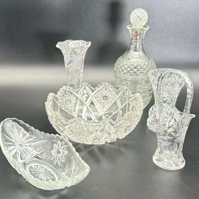 Cut Glass Collection Crystal Decanter Bowl Vases Basket Set