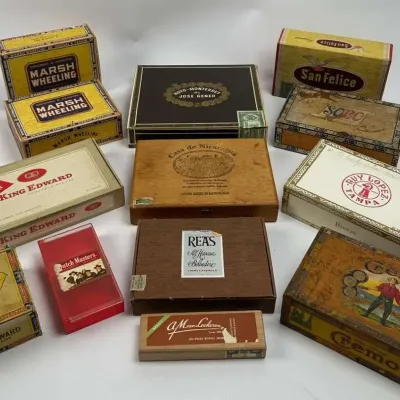 Cigar Box Collection- 13 Empty Tobacco Boxes, Marsh Wheeling, King Edward, San Felice, Ruy Lopez