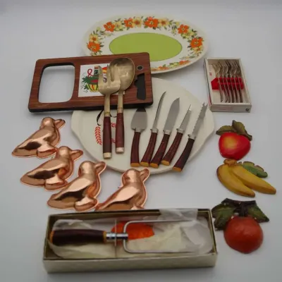 Retro Kitchenware Collectible Serving Platters Copper Molds Cutlery Set