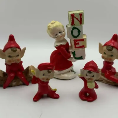Napco Christmas Pixie Elf Figurines NOEL Blocks Retro Holiday Set