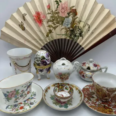 Miniature Porcelain Tea Set Trinket Box Decorative Fan Collection