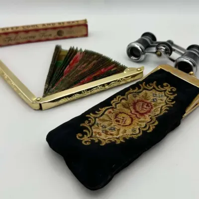 Jumelle Carpentier Opera Glasses Folding Fan with Tapestry Pouch