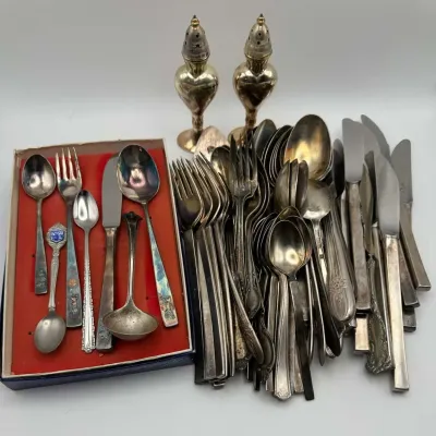 Silverplated Flatware Set Assorted, Sterling Silver Salt and pepper Shakers