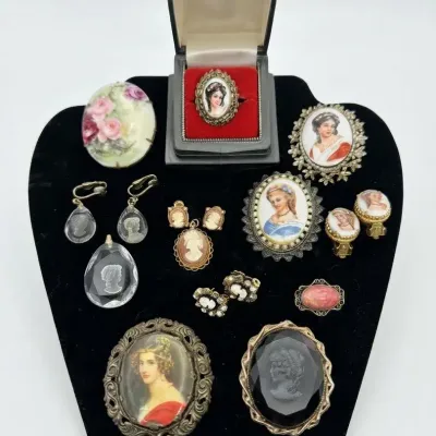 Vintage Cameo Jewelry: Hand-Painted Limoges, Glass Intaglios, Carved Shell & Enamel Brooches