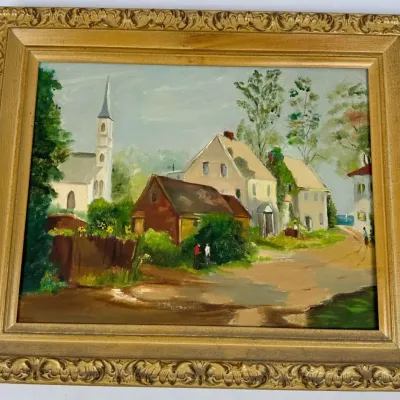 Original Oil Painting Village Landscape Framed Art 14x18