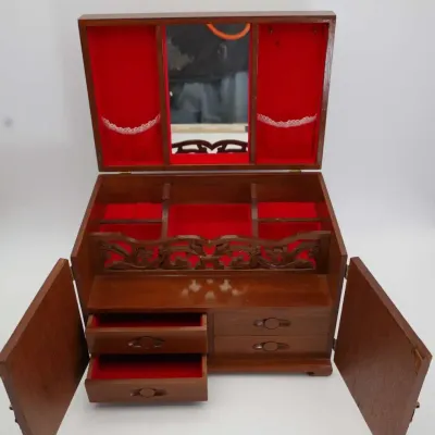 Asian Carved Wood Jewelry Box Mother of Pearl Inlay Red Velvet Lined