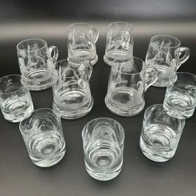 Etched Glass Barware Set Mugs Shot Glasses 4 Inches Tall