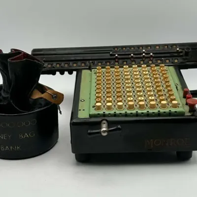 Monroe Calculator Money Bag Bank Vintage Adding Machine Set