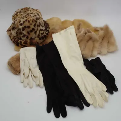 Leopard Fur Hat Mink Collar, Long Evening Gloves Accessory Set