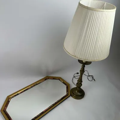 Baroque-style Brass Table Lamp Pleated Shade & Wall Mirror