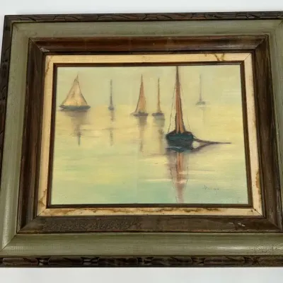 Vintage Sailboat Seascape Oil Painting Signed Helga Framed Art
