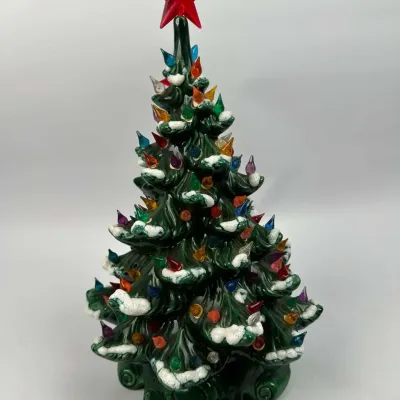Ceramic Christmas Tree Lighted Flocked Multicolor Bulbs Red Star 1972 18"