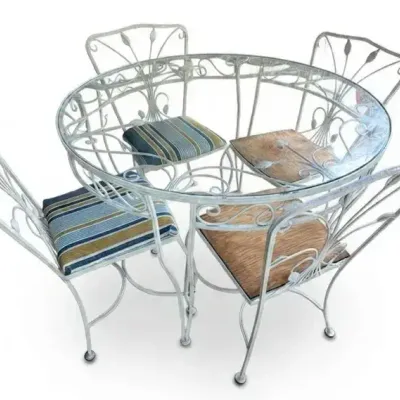 Vintage White Wrought Iron Patio Set with Glass Top Table & 4 Chairs 