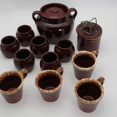 Brown Stoneware Crock Bean Pot Drip Glaze Mugs Ceramic Jar Set