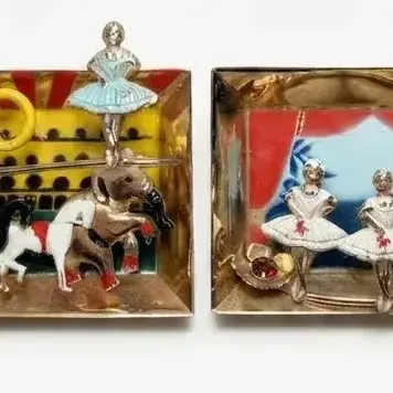 Vintage Gold Tone 3D Circus & Ballerina Diorama Art Pins Brooches