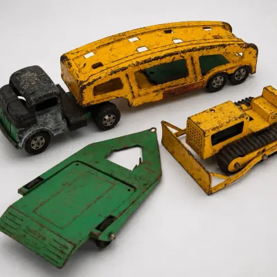 Structo Auto Transport Car Hauler Tonka Bulldozer Trailer Toy Set