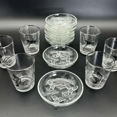 Federal glass Canada Goose Silver Rim Barware Glasses & Acorn Bowls Set