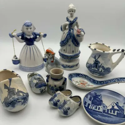Delft Blue Holland Figurine Collection Windmill Wooden Shoes Bell Ceramic Miniature Set