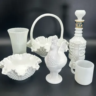 White Milk Glass Collection Decanter Basket Rooster Dish Vase Mug