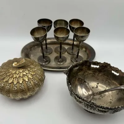 F.B. Rogers Silver Plate Bowl & Cordial Set Hammered Goblets Tray