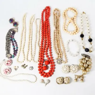 Vintage Costume Jewelry: Multi-Strand Faux Pearl Necklaces, Red Bead Necklace, Cluster Earrings