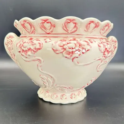 Ceramic Planter Pot Red Floral Embossed Scalloped Cachepot