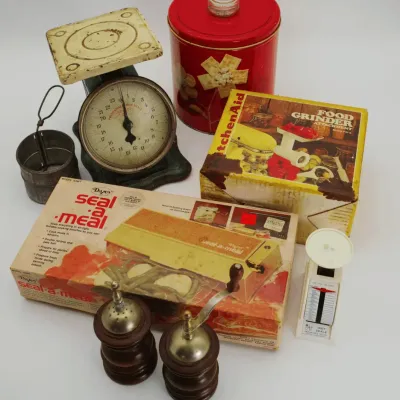 Kitchen Collectibles- KitchenAid Food Grinder Dazey, Seal-A-Meal Scale Tin Set
