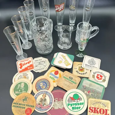 German Beer Glasses Coasters Barware Collection Set