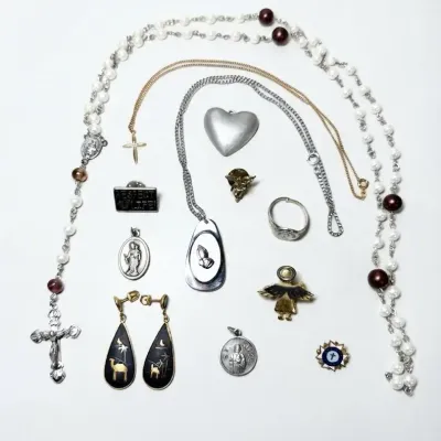 Vintage Religious Jewelry: Coventry Serenity Prayer Pendant, Pearl Rosary & More