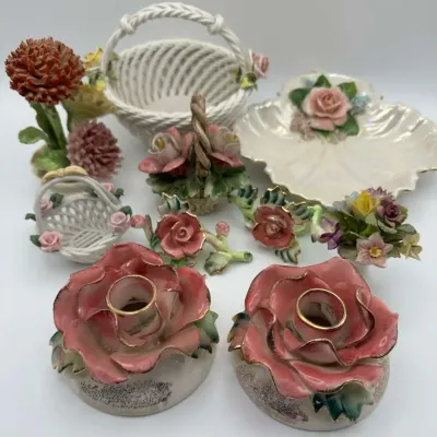Capodimonte Porcelain Flowers Figural Collection Pink Rose Candlesticks Baskets