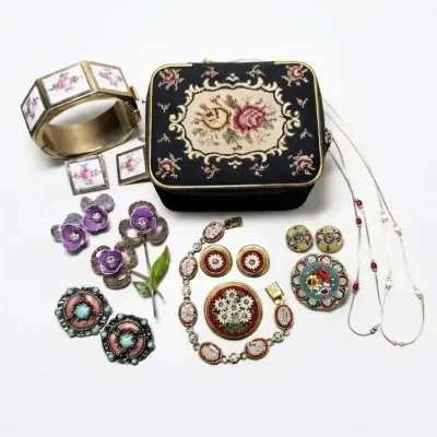 Vintage Florentine Mosaic Jewelry & Petit Point Vanity Case – Italian Brooches