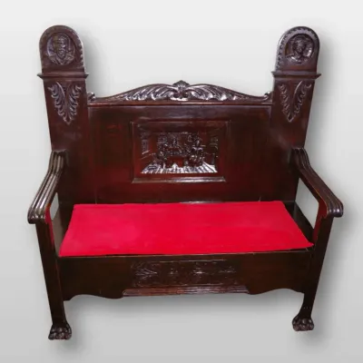 Antique Carved Oak Hall Tree Bench Gothic Revival Settee Tavern Scene