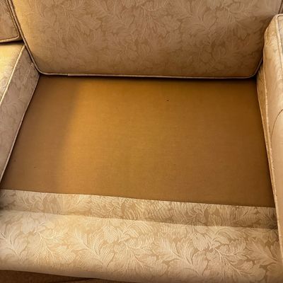 Sale Photo Thumbnail #21: Gold upholstery sofa with three cushions floor length skirt and a subtle textured pattern
