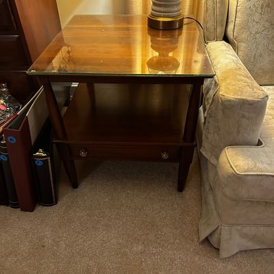 Sale Photo Thumbnail #23: Vintage mid century modern solid wood surface. with a glass top. it has one drawer  and a shelf underneath 
.