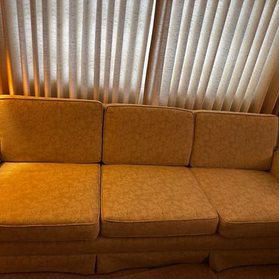 Sale Photo Thumbnail #19: Gold upholstery sofa with three cushions floor length skirt and a subtle textured pattern