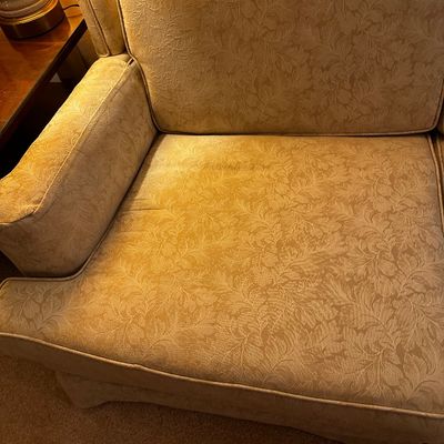 Sale Photo Thumbnail #20: Gold upholstery sofa with three cushions floor length skirt and a subtle textured pattern