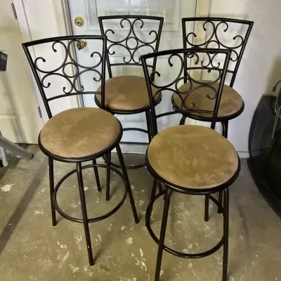 Set of 4 Scrollwork Metal Counter Height, Swivel Bar Stools w/ Upholstered Seats