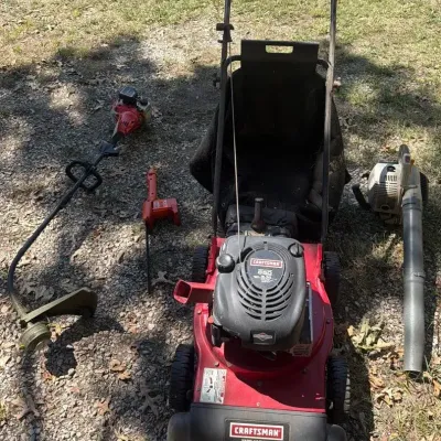 Craftsman Lawn Mower, Ryobi Blower, Homelite String Trimmer, Black & Decker Hedge Trimmer
