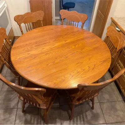 Heavy Oval Dining Table with Leaf & 6 Spindle Back Chairs