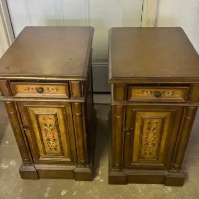 Pair of Powell Floral Painted Wood Accent Cabinets / Nightstands Drawer & Door