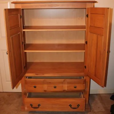 Solid Wood Armoire with Upper Cabinet Storage & 2 Lower Drawers
$250.00
40in. x 18in. x 61in.