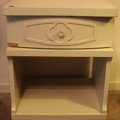 White Wooden Nightstand
15in. x 18in. x 24in

- 1 Drawer
- Open Lower Storage
- Drawer is slightly chipped