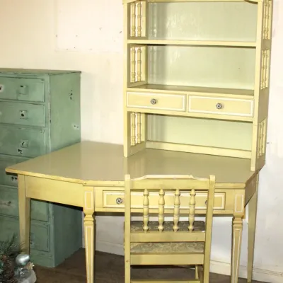 Vintage Pale Yellow Wood Desk, Hutch, & Chair
$130.00
- The Hutch is Removable
WITH HUTCH: 46.5in. x 30in. x 72in
WITHOUT HUTCH:...