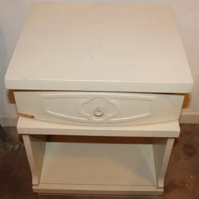 White Wooden Nightstand
15in. x 18in. x 24in

- 1 Drawer
- Open Lower Storage
- Drawer is slightly chipped